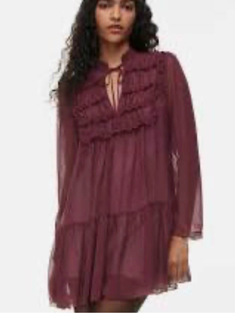 NWT Wilfred Alessia Spiced Burgundy Chiffon Ruffle Tiered Long-Sleeve Dress